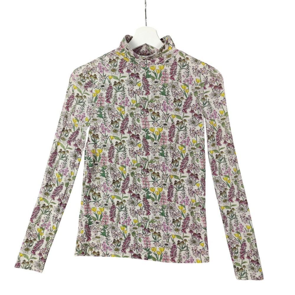 Chufy Womens Cottagecore Botanical Mock Neck Top XXS Cream Floral Long Sleeve